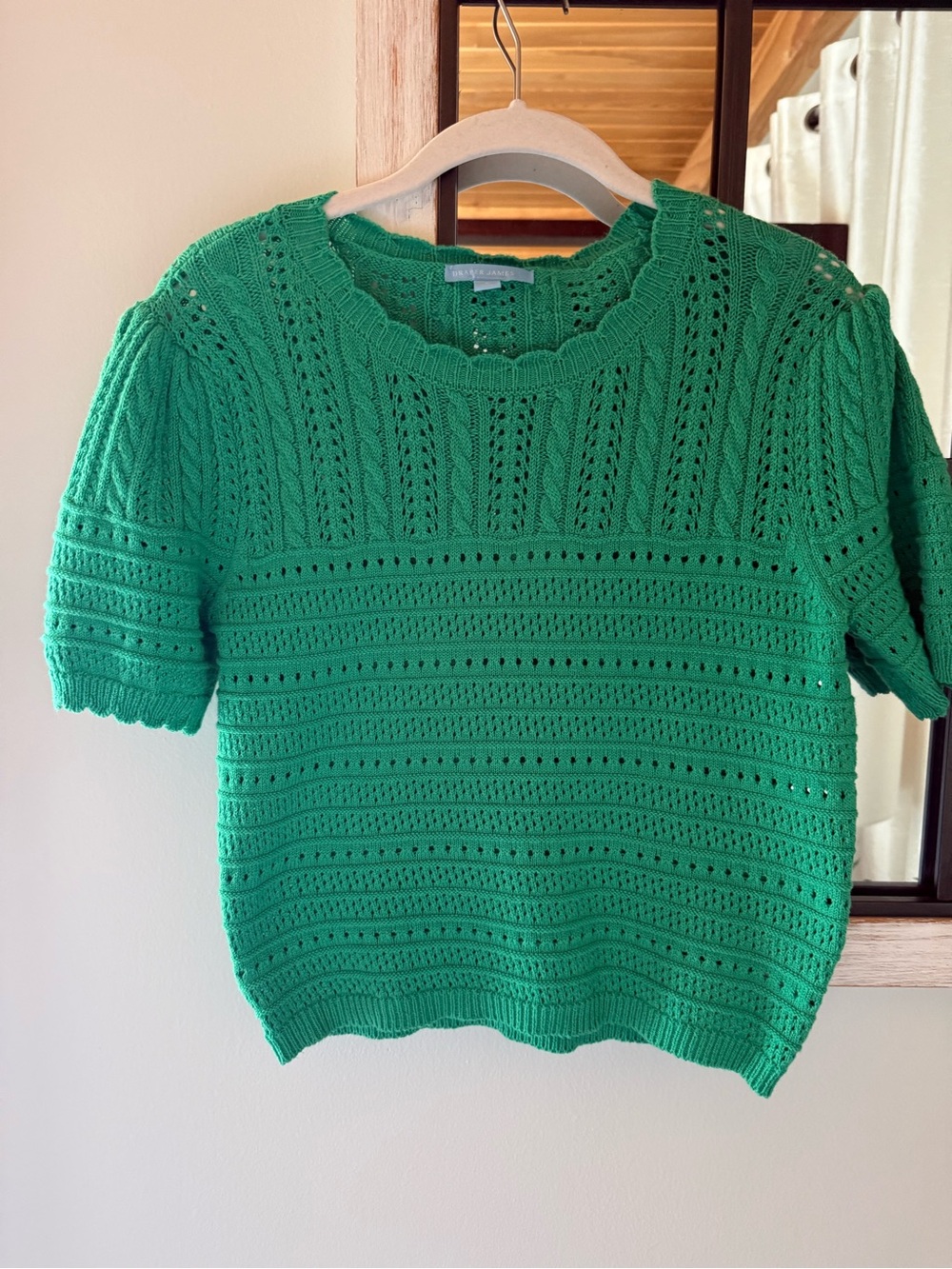 Draper James Bright Green Openwork Knit Short-Sleeve Sweater